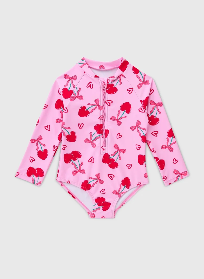 ماتلان Girls Pink Cherry Long Sleeve Swimsuit